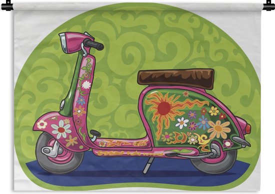 Wandkleed Vespa illustratie - Illustratie van een Vespa scooter met bloemen Wandkleed katoen 90x67 cm - Wandtapijt met foto