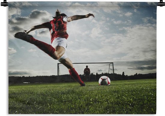 Voetbal - Vrouw schiet op doel Wandkleed katoen 180x135 - Wandtapijt met | bol.com