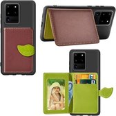 Voor Galaxy S20 Ultra Leaf Buckle Litchi Texture Card Holder PU + TPU Case met Card Slot & Wallet & Holder & Photo Frame (Brown)