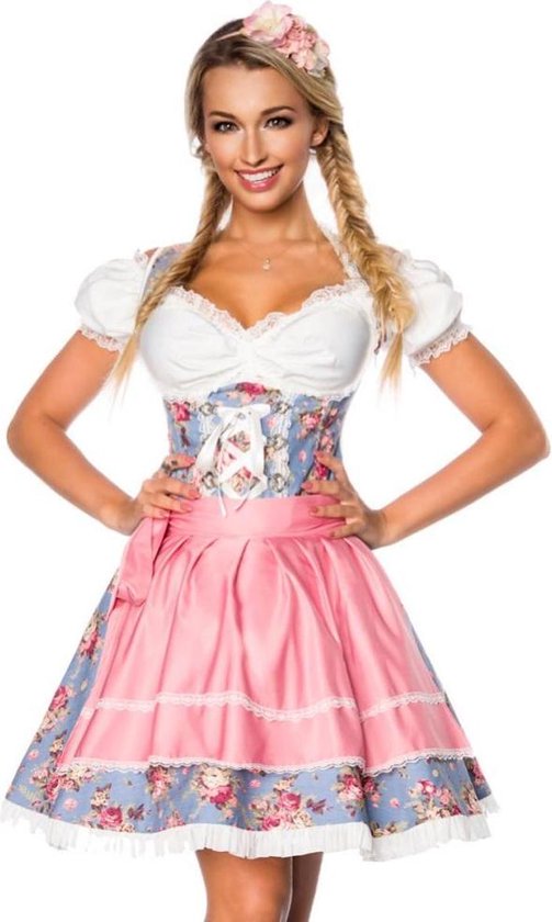 Dirndline Kostuum jurk -S- Dirndl Oktoberfest Blauw/Roze 