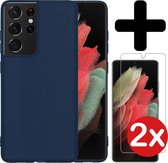 Samsung S21 Ultra Hoesje Siliconen Case Met 2x Screenprotector - Samsung S21 Ultra Hoes Cover Met 2x Screenprotector - Donker Blauw