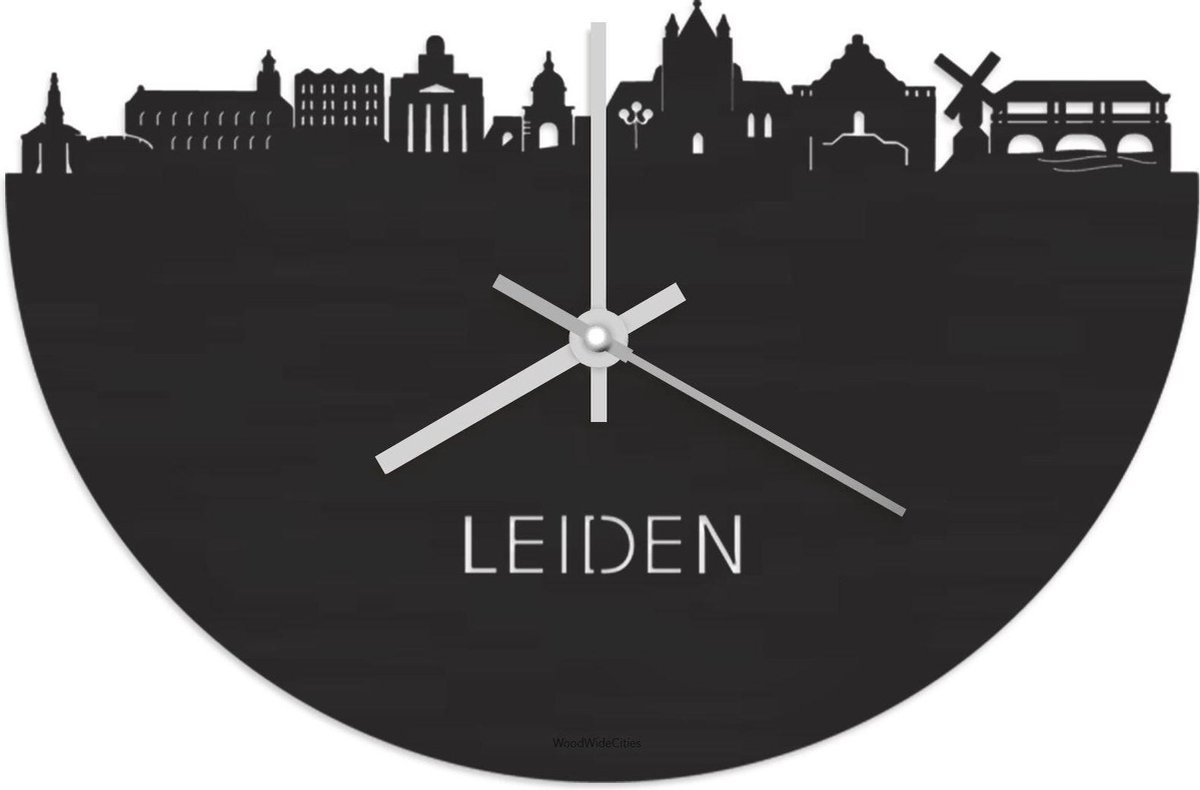 Skyline Klok Leiden Zwart hout - Ø 40 cm - Stil uurwerk - Wanddecoratie - Meer steden beschikbaar - Woonkamer idee - Woondecoratie - City Art - Steden kunst - Cadeau voor hem - Cadeau voor haar - Jubileum - Trouwerij - Housewarming - WoodWideCities
