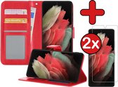 Samsung S21 Ultra Hoesje Book Case Met 2x Screenprotector - Samsung Galaxy S21 Ultra Hoesje Wallet Case Portemonnee Hoes Cover - Rood