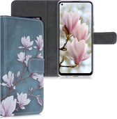 kwmobile telefoonhoesje voor Huawei P40 Lite E - Hoesje met pasjeshouder in taupe / wit / blauwgrijs - Magnolia design