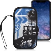 kwmobile hoesje voor smartphones M - 5,5" - hoes van Neopreen - Trein met Graffiti design - blauw / zwart / wit - binnenmaat 15,2 x 8,3 cm