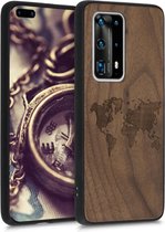 kwmobile telefoonhoesje compatibel met Huawei P40 Pro Plus - Hoesje met bumper in donkerbruin - walnoothout - Wereldkaart design