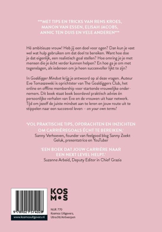Achterkant van het boek "Goal Digger Mindset" met tekst, ISBN, en Kosmos Uitgevers logo.