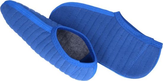 Paar blauwe Bama laarssokken met grijze voering en verticale stiksels.