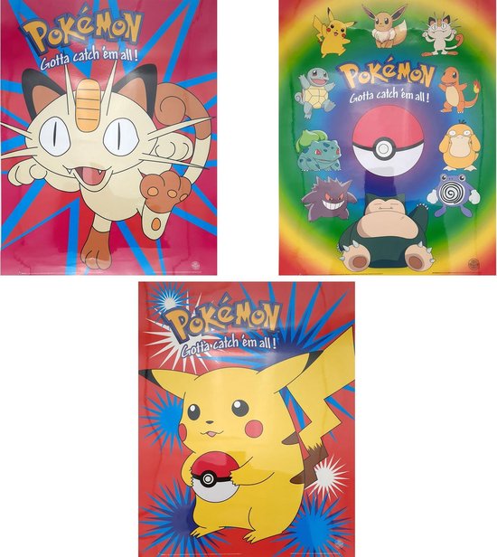 Pokemon Poster - Luxe Voordeelset - 3 Posters (50x40 cm) - Geplastificeerd - Kinderkamer - Pikachu - (Versie 2)