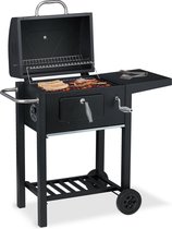 Relaxdays houtskool BBQ met deksel - smoker met zijtafel - barbecue op wielen - zwart
