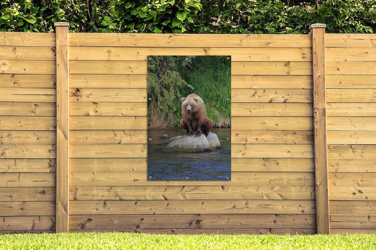 Un Grizzly Bear est assis sur des pierres grises Affiche de jardin 120x180  cm - Toile