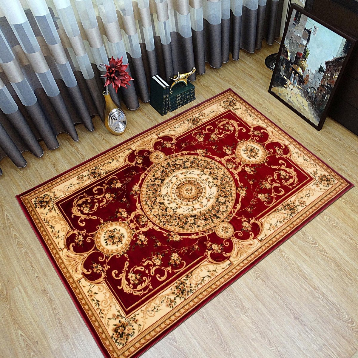 Tapiso Yesemek Vloerkleed Woonkamer Slaapkamer Rood Klassiek Vintage Medaillon Frame Desig
