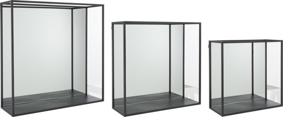 J-Line set van 3 Muurrek Spiegel Vierkant - metaal/glas - zwart