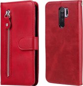 Voor Geschikt voor Xiaomi Redmi 9 Mode Kalfsstructuur Rits Horizontale Flip Leren Case met Houder & Kaartsleuven & Portemonnee Functie (Rood)