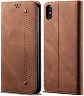 Voor iphone xs max denim textuur casual stijl horizontale flip lederen tas met houder en kaartsleuven en portemonnee (bruin)