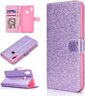 Voor Samsung Galaxy A10s Glitterpoeder Horizontaal Flip Leren Case met Kaartsleuven & Houder & Fotolijst & Portemonnee (Paars)