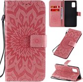 Voor Samsung Galaxy A71 5G reliÃ«f zonnebloem patroon horizontale flip pu lederen tas met houder & kaartsleuven & portemonnee & lanyard (roze)
