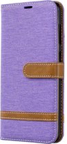 Kleurafstemming Denim Texture Leather Case voor Galaxy A70, met houder & kaartsleuven & portemonnee & lanyard (paars)