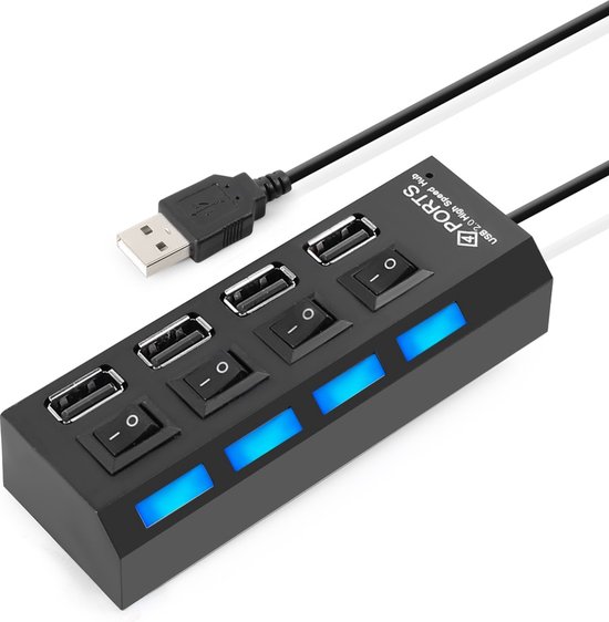 MMOBIEL High Speed 4 Ports 2.0 USB hub Multi oplaadadapter met aan/uit knop en led verlichting.