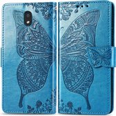 Voor lg k30 2019 vlinder liefde bloem reliëf horizontale flip lederen tas met beugel lanyard kaartsleuf portemonnee (blauw)