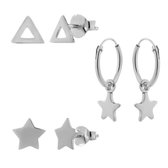 Zilveren oorbellen set, driehoekjes en sterren