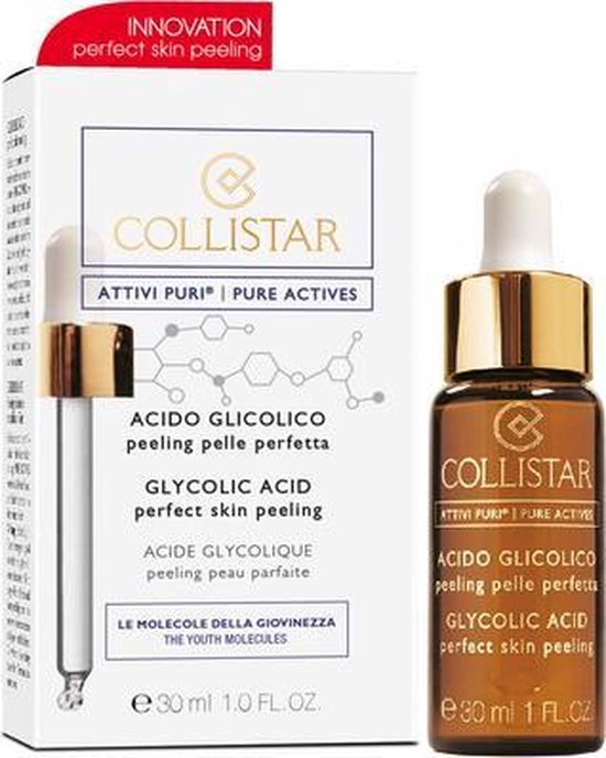 Collistar Attivi Puri fles en verpakking met innovatie-sticker, glycolic acid peeling.