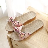 Dames Bohemen strik vlas linnen slippers strandschoenen casual pantoffels, maat: 37-38 (roze)