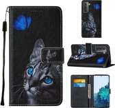 Voor Samsung Galaxy S30 Plus Cross Texture Painting Pattern Horizontale Flip Leather Case met houder & kaartsleuven & portemonnee & Lanyard (Blue Butterfly Cat Eyes)