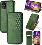 Voor Samsung Galaxy M31S Cubic Grid Pressed Horizontal Flip Magnetic PU Leather Case met houder & kaartsleuven & portemonnee (groen)