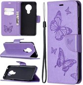 Voor Nokia 5.3 Two Butterflies Embossing Pattern Horizontale Flip lederen tas met houder & kaartsleuf & portemonnee & lanyard (paars)