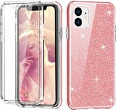 Voor iPhone 11 schokbestendige pc + TPU-beschermhoes aan de achterkant + PET-schermbeschermer aan de voorkant (roze glitter)