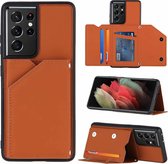 Voor Samsung Galaxy S21 Ultra 5G Skin Feel PU + TPU + PC Achterkant Schokbestendig hoesje met kaartsleuven & houder & fotolijst (bruin)