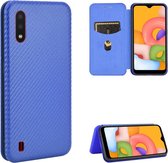 Voor Samsung Galaxy A01 Carbon Fiber Texture Magnetische Horizontale Flip TPU + PC + PU Leather Case met Rope & Card Slot (Blue)