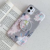 Voor iPhone 12 mini laserbloemen patroon TPU beschermhoes met opvouwbare houder (grijze achtergrond aquarel roze bloemen)