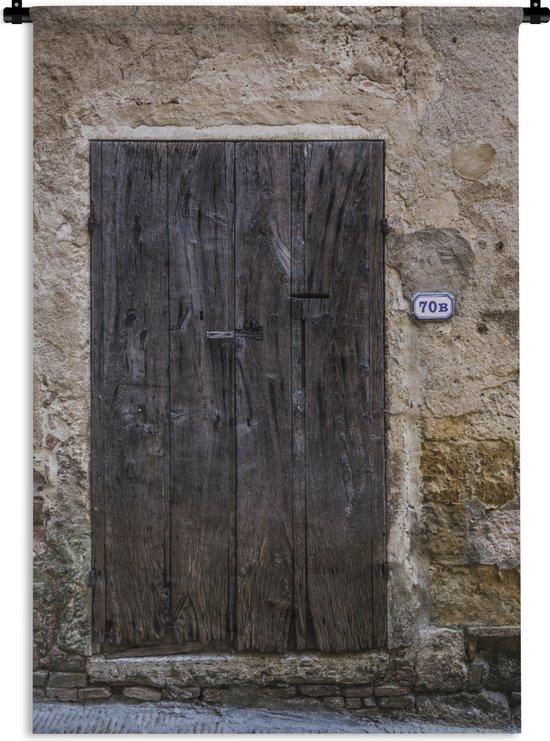 Wandkleed Deur - Een oude houten deur bij een oude muur in het Italiaanse Toscane Wandkleed katoen 120x180 cm - Wandtapijt met foto XXL / Groot formaat!