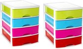 2x stuks ladeblok/bureau organizer met 4 lades multi-color/wit - L35,5 x B27 x H35 - Opruimen/opbergen laatjes