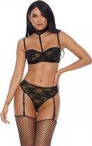 Lace Do It Bra and Panty with Garter Straps - Black