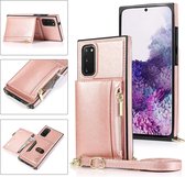 Voor Samsung Galaxy S20 Plus Vierkante Rits Portemonnee Tas TPU + PU Achterkant Case met Houder & Kaartsleuven & Portemonnee & Cross-body Riem (Rose Glod)