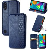 Voor Samsung Galaxy M01 Cubic Grid Pressed Horizontal Flip Magnetic Leather Case met houder & kaartsleuven & portemonnee (blauw)