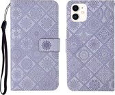 Etnische stijl reliëf patroon horizontale flip lederen tas met houder & kaartsleuven & portemonnee & lanyard voor iPhone 12 (paars)