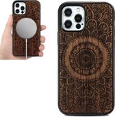 Houtfineer Mandala Reliëf magnetische ring-hoesje Magnetisch TPU-schokbestendig hoesje voor iPhone 12/12 Pro (rozenhout)