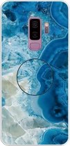 Voor Galaxy S9 + reliëf gelakt marmer TPU beschermhoes met houder (lichtblauw)