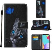 Voor Samsung Galaxy A52 5G Cross Texture Painting Pattern Horizontale Flip Leather Case met Houder & Kaartsleuven & Portemonnee & Lanyard (Blue Butterfly Cat Eyes)