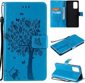 Voor Samsung Galaxy A72 5G Tree & Cat Pattern Pressed Printing Horizontale Flip PU Leather Case met houder & kaartsleuven & portemonnee & Lanyard (blauw)
