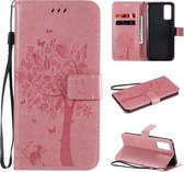 Voor Huawei Honor 30 Tree & Cat reliÃ«fpatroon Horizontale flip lederen tas met houder & kaartsleuven & portemonnee & draagkoord (roze)