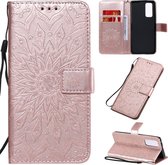 Voor Huawei Honor 30 Pro Zonnebloempatroon met reliÃ«f Horizontaal Flip PU-lederen tas met houder en kaartsleuven en portemonnee en draagkoord (rose goud)