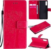 Voor Sony Xperia L4 Tree & Cat reliÃ«fpatroon Horizontale flip lederen tas met houder & kaartsleuven & portemonnee en lanyard (rose rood)