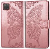 Voor Huawei Y5P vlinder liefde bloem reliëf horizontale flip lederen tas met beugel / kaartsleuf / portemonnee / lanyard (rose goud)