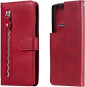 Voor Samsung Galaxy S21 Ultra 5G Mode Kalf Textuur Rits Horizontale Flip Leren Case met Houder & Kaartsleuven & Portemonnee (Rood)