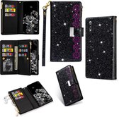 Voor Samsung Galaxy M10 / A10 Multi-kaartsleuven Sterrenhemel Laser Carving Glitter Rits Horizontale Flip Leren Case met Houder & Portemonnee & Lanyard (Zwart)